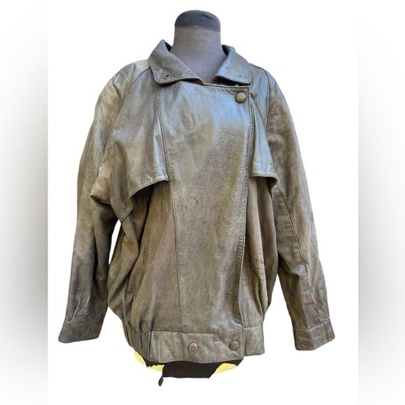 Vtg 90s Express Brown Distressed Oversized Grunge Moto Bomber Leather Coat L - Picture 6 of 10
